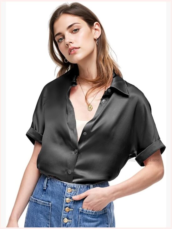 Tops - 100% Pure Silk Short Sleeve Button Down Blouse Luxurious Lightweight